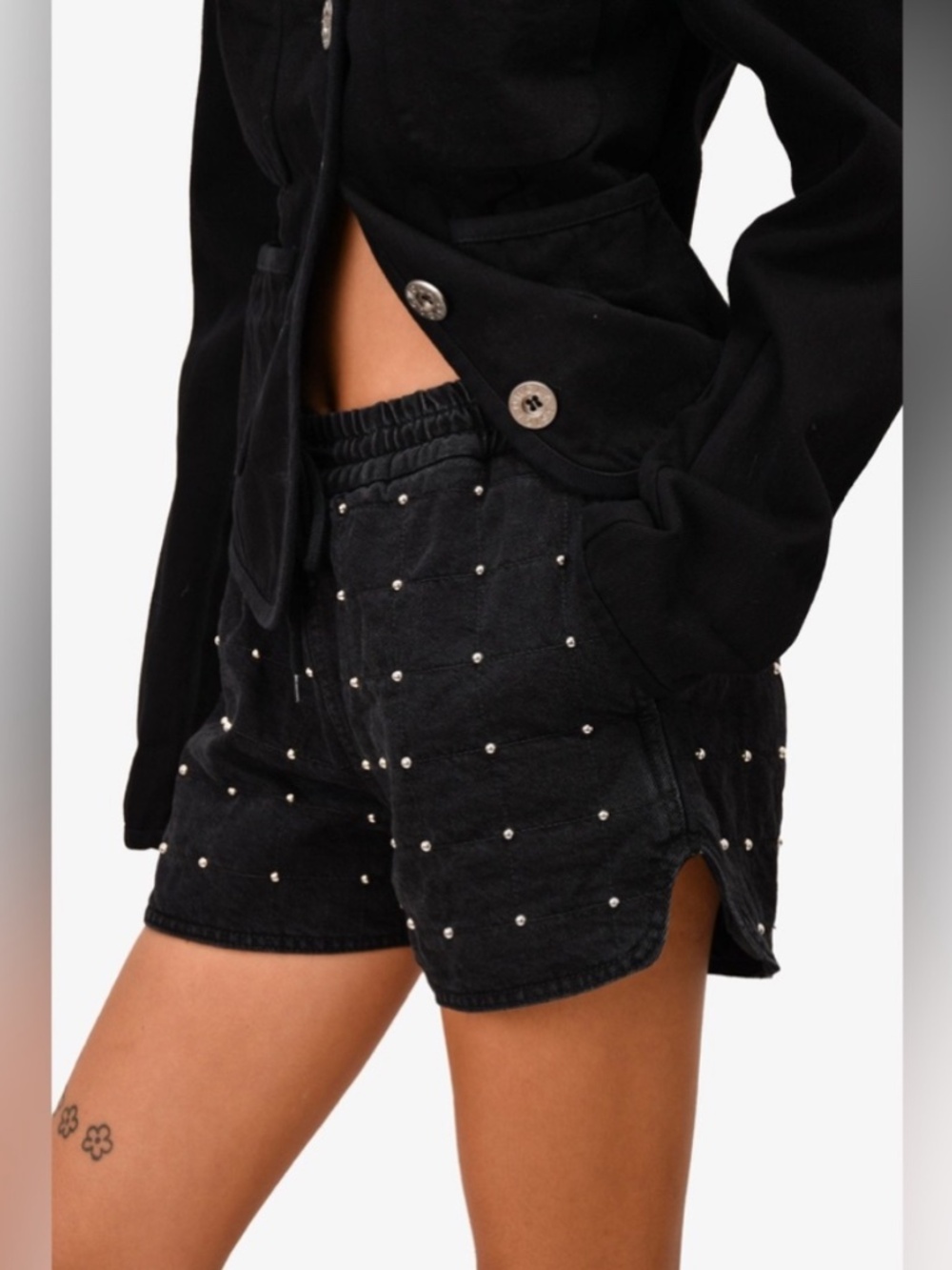MAJE STUDDED QUILTED JEAN SHORTS